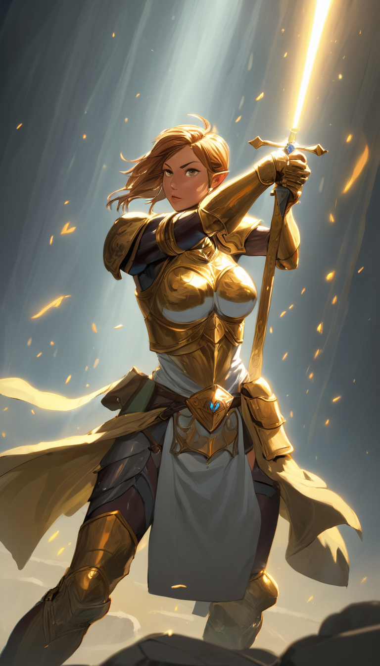 Cinematic scene, hero view, female paladin, a holy warrior bound to a sacred oath, action pose, detailed background, masterpiece, best quality, high quality, highres, absurdres, vivid, Dungeons and Dragons <lora:dungeons_and_dragons_xl_v2:1>