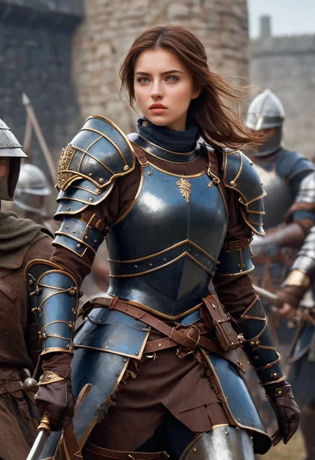 castle, score_9, score_8_up, score_7_up, score_6_up, score_5_up, extremely detailed, 1 woman, 25 years old, cute face, green eyes, small breasts, brown hair, shoulder length hair, wearing dark blue armor, holding a spear, in a battlefield in front of a castle, soldiers fighting behind her, she has blood on her shield and face, detailed, realistic, lady knight in dark full plate armor with armored gauntlets and armored boots with short brown hair and green eyes and a gorget protects her neck, gorget, armored gauntlets,