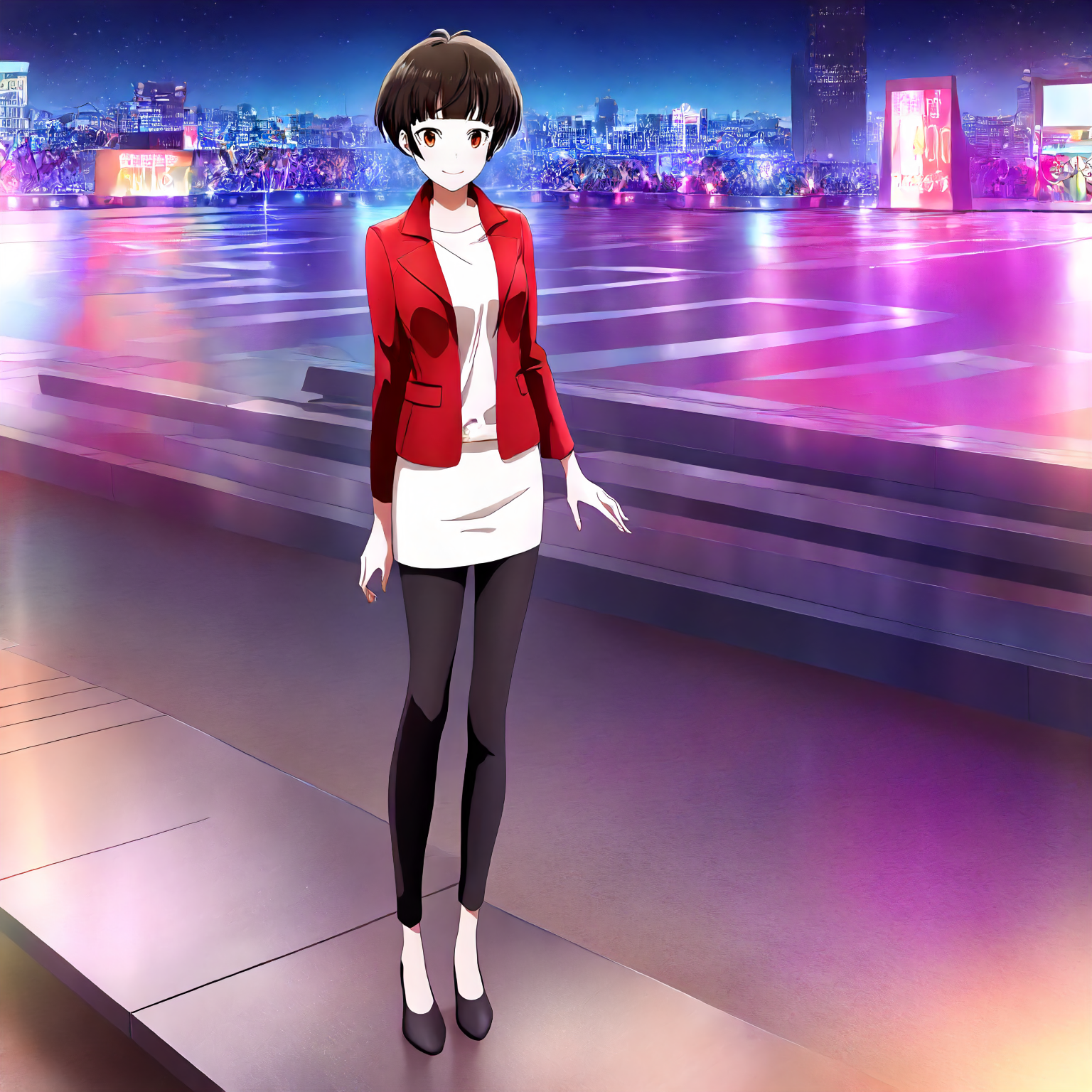 <lora:illustrious_XL_tsunemori:0.9>,
detailed background,outdoors,glitter,
smile,
looking at viewer,
solo,
tsunemori,1girl,
standing,
red jacket,pencil_skirt,white skirt,pants under the skirt,black pants,