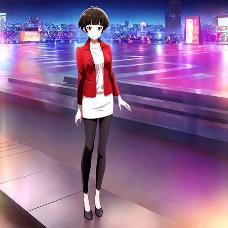 <lora:illustrious_XL_tsunemori:0.9>,
detailed background,outdoors,glitter,
smile,
looking at viewer,
solo,
tsunemori,1girl,
standing,
red jacket,pencil_skirt,white skirt,pants under the skirt,black pants,