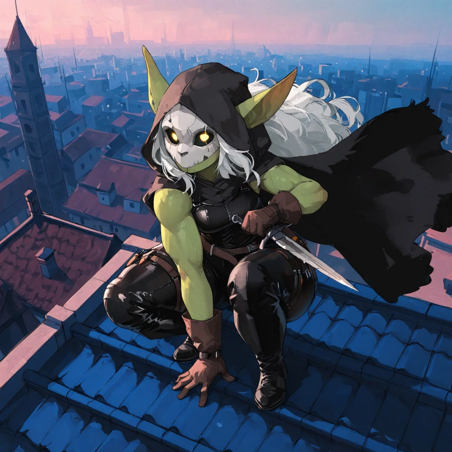 masterpiece, best quality, amazing quality, very aesthetic, absurdres, newest, good quality, newest, highres, flat colour, (detailed environment, dark city, medieval city, overlooking city, on roof) vibrant colors, (1girl:2), ((goblin ears, muscular, shortstack, green skin, curvy, wide hips)) long hair, white hair hair, wavy hair, (leather armor, black outfit, leather outfit, fullbody outfit, black cape, fur cape, belt, leather gloves, dagger, hood, skull mask), (dynamic pose, crouching, on rooftop) (solo:2), no others