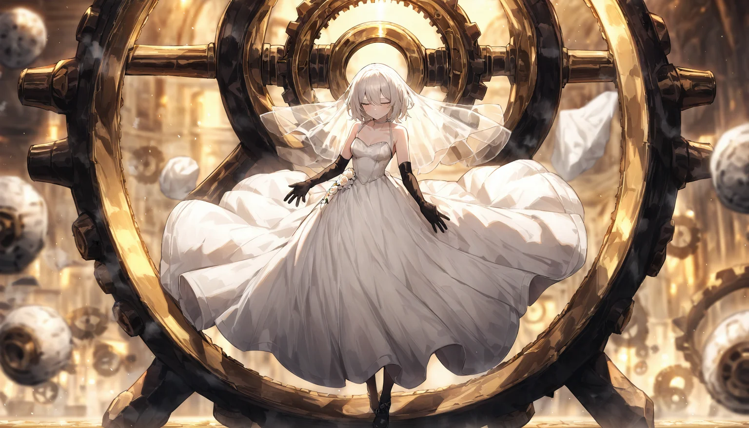 masterpiece,best quality,very aesthetic,absurdres,1girl,full_shot,(gold background:0.8),gears,<lora:LimbusCompanyStyle_AnimagineXL:0.4>,
BREAK
BREAK faust \(project moon\),limbus company,short white hair,light blue eyes,black gloves,indifferent,bridal veil,white translucent wedding dresses,in the air,
BREAK