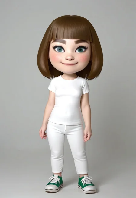 cinematic film still cinematic photo breathtaking score_9, score_8_up, score_7_up, BREAK, 8k, masterpiece, high quality,
small nose, blush, white pants, smile, white skin, green-ish brown hair, sneakers, green eyes, female mii, fringe, mii, cute, brown eyebrows, long hair, small breasts, wii u, 1girl, white clothing, Millie_(\Wii_Sports_Club\)