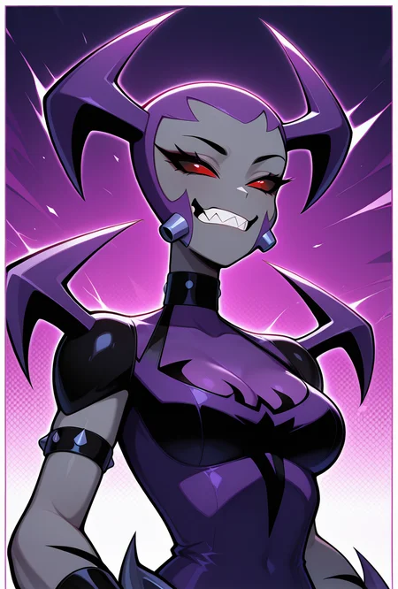 <lora:waybaddie-10:1> waybaddie, 1girl, grey skin, solo, demon girl, spikes, horns, red eyes, black sclera, collar, bracelet, purple hair, sharp teeth, pose, claws, big mouth, masterpiece, best quality, amazing quality, very aesthetic, absurdres, newest,, ((upper body, halftone effect, white borders, abstract background:1.2,))