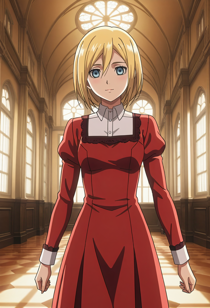 anime screencap,8k, absurd res, 1girl, solo, looking at viewer, short hair, hair betweeen eyes,blonde hair,blue eyes,wearing a red dress,indoors,detailed background,mansion,christa_renz,<lora:christa_renz:1>