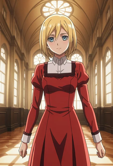 anime screencap,8k, absurd res, 1girl, solo, looking at viewer, short hair, hair betweeen eyes,blonde hair,blue eyes,wearing a red dress,indoors,detailed background,mansion,christa_renz,<lora:christa_renz:1>