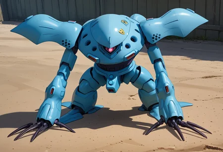 score_9, score_8_up, score_7_up, source_anime, cowboy shot, front view, BREAK, ( hygogg, blue_hygogg_armor, pink monoeye, turned to the side, looking at viewer, leaning forward, hands on ground, long claws) 1mech, wide mech, large shoulders, large shoulder armor, mech focus, solo, BREAK,