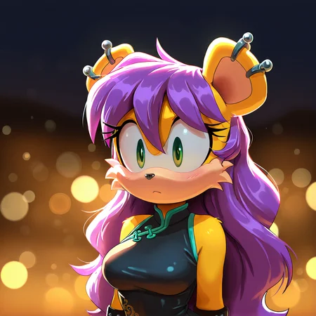(masterpiece), (best quality), (ultra-detailed), amazing quality, very aesthetic, illustration, perfect composition, intricate details, absurdres, incredibly absurdres, <lora:minamongooseillustrious:1>, depth of field, ambient occlusion, bokeh, cinematic lighting, yellow fur, long hair, purple hair, earrings, furry female, , green eyes, sexy red chinese dress, cel shading, mina mongoose