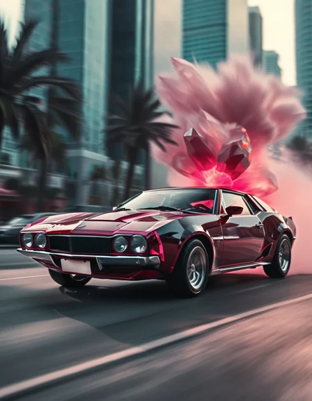 rp_slgd, photo of a classic sports car speeding through the streets of miami, palms, muscle car, retro, smoke trail, vehicle focus, motor vehicle, blurry cityscape  <lora:zzz_trained\xl_rpr_soulgemmed_v1>