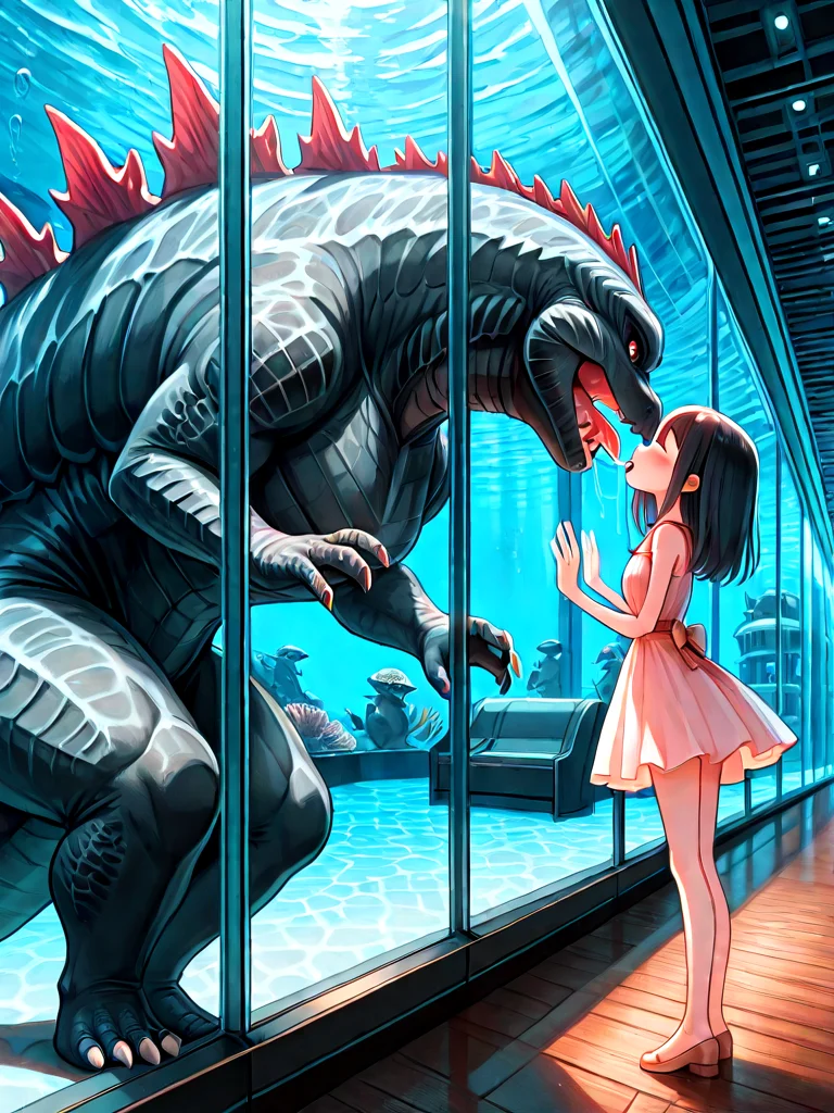 absurdres, explicit, aquarium tunnel, aquarium, godzilla, large head, gigantic animal, size difference, height difference, underwater, hands on glass, hands on window, glass wall, 1girl, short dress, window, reflection, hallway, wooden floor, very wide shot, leaning forward, from side, profile, kiss, open mouth, closed eyes, saliva, scenery, <lora:girllikedolphinunderwater_ilxl:1>