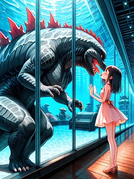 absurdres, explicit, aquarium tunnel, aquarium, godzilla, large head, gigantic animal, size difference, height difference, underwater, hands on glass, hands on window, glass wall, 1girl, short dress, window, reflection, hallway, wooden floor, very wide shot, leaning forward, from side, profile, kiss, open mouth, closed eyes, saliva, scenery, <lora:girllikedolphinunderwater_ilxl:1>