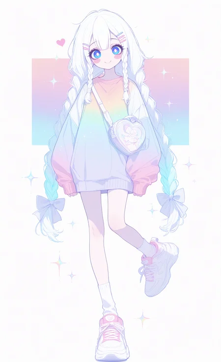 masterpiece, best quality, good quality, newest, highres, absurdres, 1girl, solo, long hair, looking at viewer, blush, smile, blue eyes, long sleeves, hair ornament, white background, bow, closed mouth, very long hair, standing, full body, white hair, braid, heart, shoes, socks, puffy sleeves, hairclip, bag, twin braids, sleeves past wrists, sparkle, white socks, blush stickers, white footwear, leg up, standing on one leg, bright pupils, sneakers, multicolored clothes, puffy long sleeves, white pupils, multicolored eyes, arms at sides, pink footwear, no nose, multicolored background, low twin braids, colorful, rainbow gradient, pastel colors, c:, xxx667_illu, glowing, tfaix, <lora:illustriousXL_stabilizer_v1.23:0.3> <lora:NOOB_vp1_detailer_by_volnovik_v1:0.3> <lora:ponyv6_noobE11_2_adamW-000017:0.3> <lora:XXX667:0.75> <lora:tenebriflora-wai:0.6>