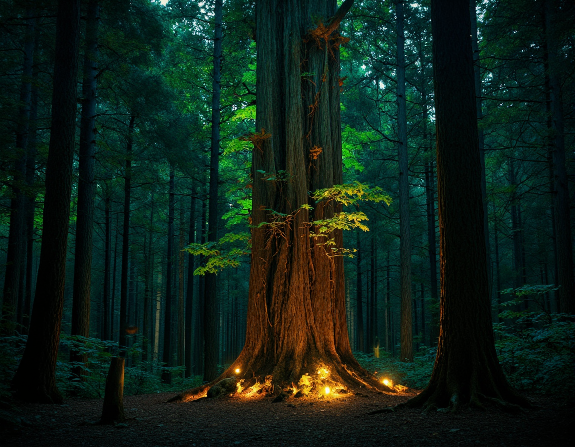  <lora:Staggering:0.85> staggering, An awe-inspiring CGI artwork featuring an ethereal forest glowing with bioluminescent flora, ancient trees with intricate root systems, mystical creatures subtly integrated, illuminated by soft, volumetric lighting, textured with high-resolution detail. . 35mm photograph, film, bokeh, professional, 4k, highly detailed