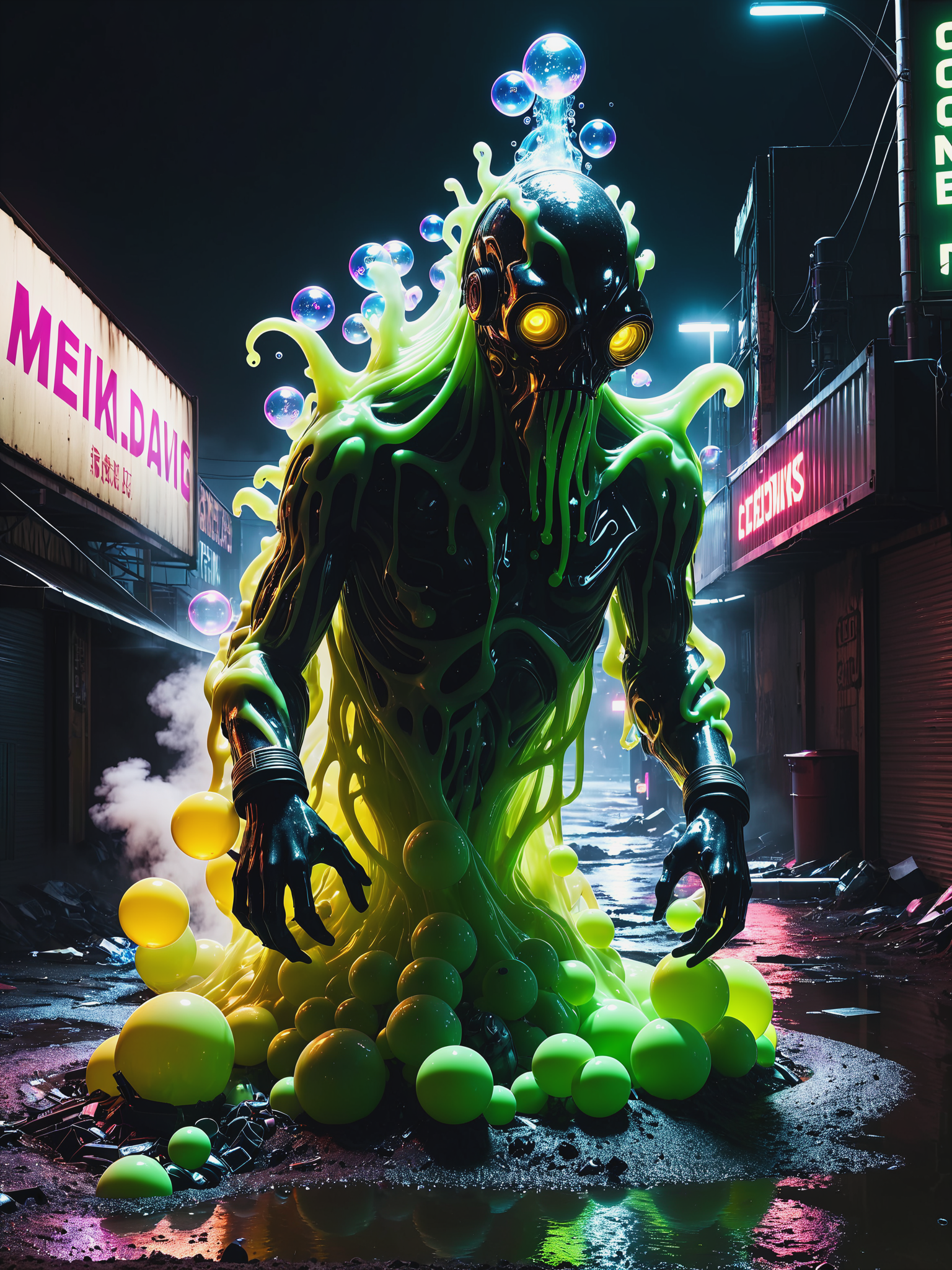 mad-txcsprt monster emerging out of puddle of radicative goo, cyberpunk,  neon signs,smoke, floating bubbles of goo,  barrels, landfill, garbage, (night:1.2) <lora:Neon_Cyberpunk_Toxic_Spirits_SDXL:0.6>, raw photo, film grain, (photorealistic, realistic:1.2), deep shadow,  8k, uhd, dslr, ultra high res