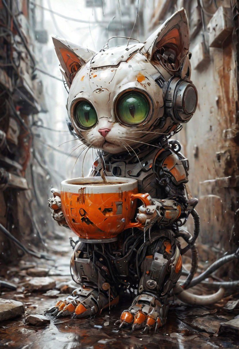 (Robot) (Utopa city)
photo-realistic,
higly-detailed,
cat wearing a futuristic space suit,
serious expresssion
a orange and white kitty sipping a mug of hot coffee holding it with it's two front paws,
lapping up the coffee as if it were drinking water,
light green eyes,