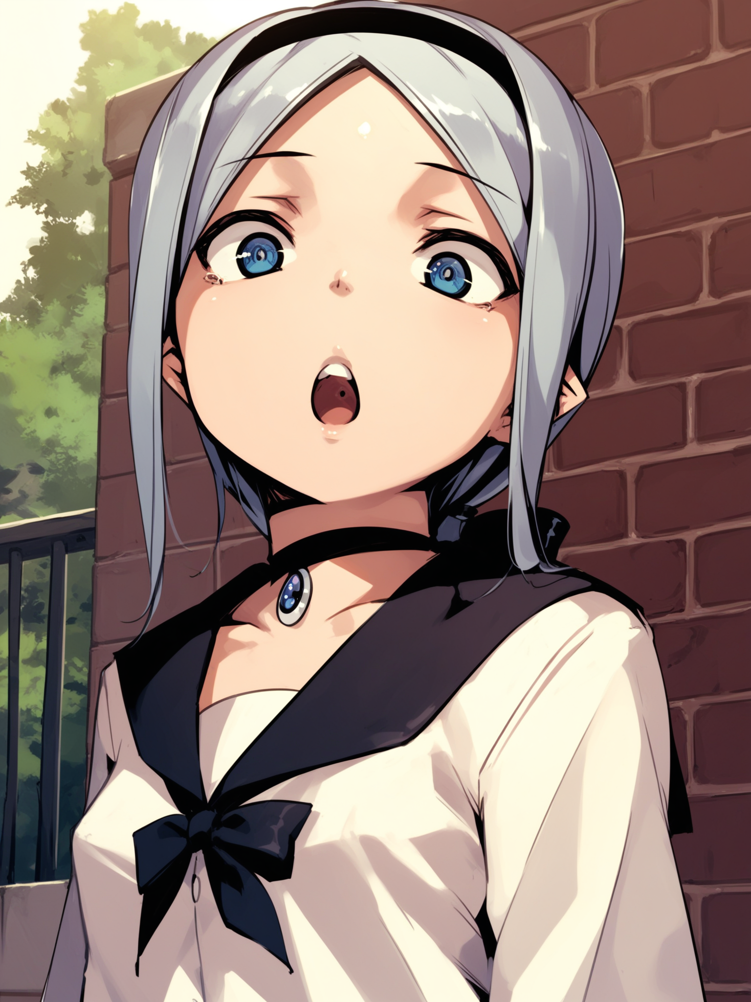 <lora:happy_tentacle-leia-v0.1-000033:1>, ht_leia, silver hair, blue eyes, pendant choker, school uniform , outdoors 1girl, solo, , unusually open eyes , ( surprised :1.2), , looking down , standing , from side , score_9, score_8_up, score_7_up, score_6_up, score_5_up, score_4_up
