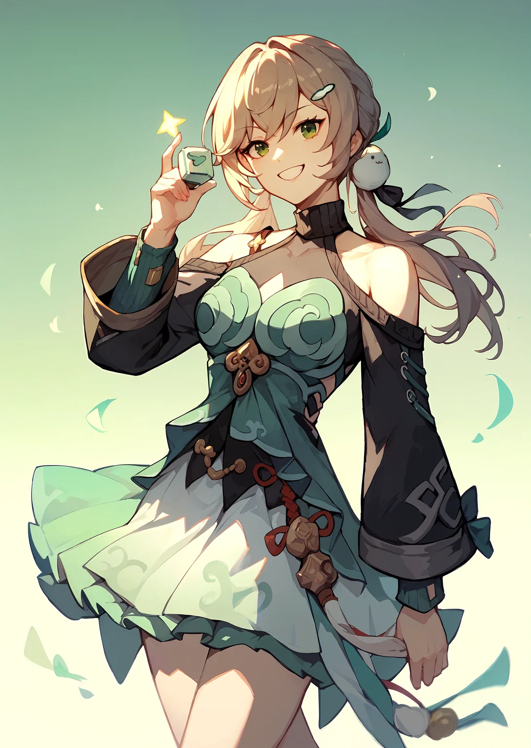 (score_9, score_8_up, score_7_up), 1girl, qingque, shoulder cutout, holding mahjong, smile, cowboy shot, gradient background, <lora:qingque-strPO-v1ar:0.9>