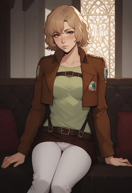 core_9, score_8_up, score_7_up, score_6_up, Expressiveh, hitch dreyse, dark green eyes, paradis military uniform, brown jacket, cropped jacket, open jacket, long sleeves, brown skirt, belt, white pants, standing, medium breasts, sexy, cute, beautiful, perfect body, petite, looking at viewer, blushing, small nose, long legs, sitting on couch, wooden interior, Luxurious house