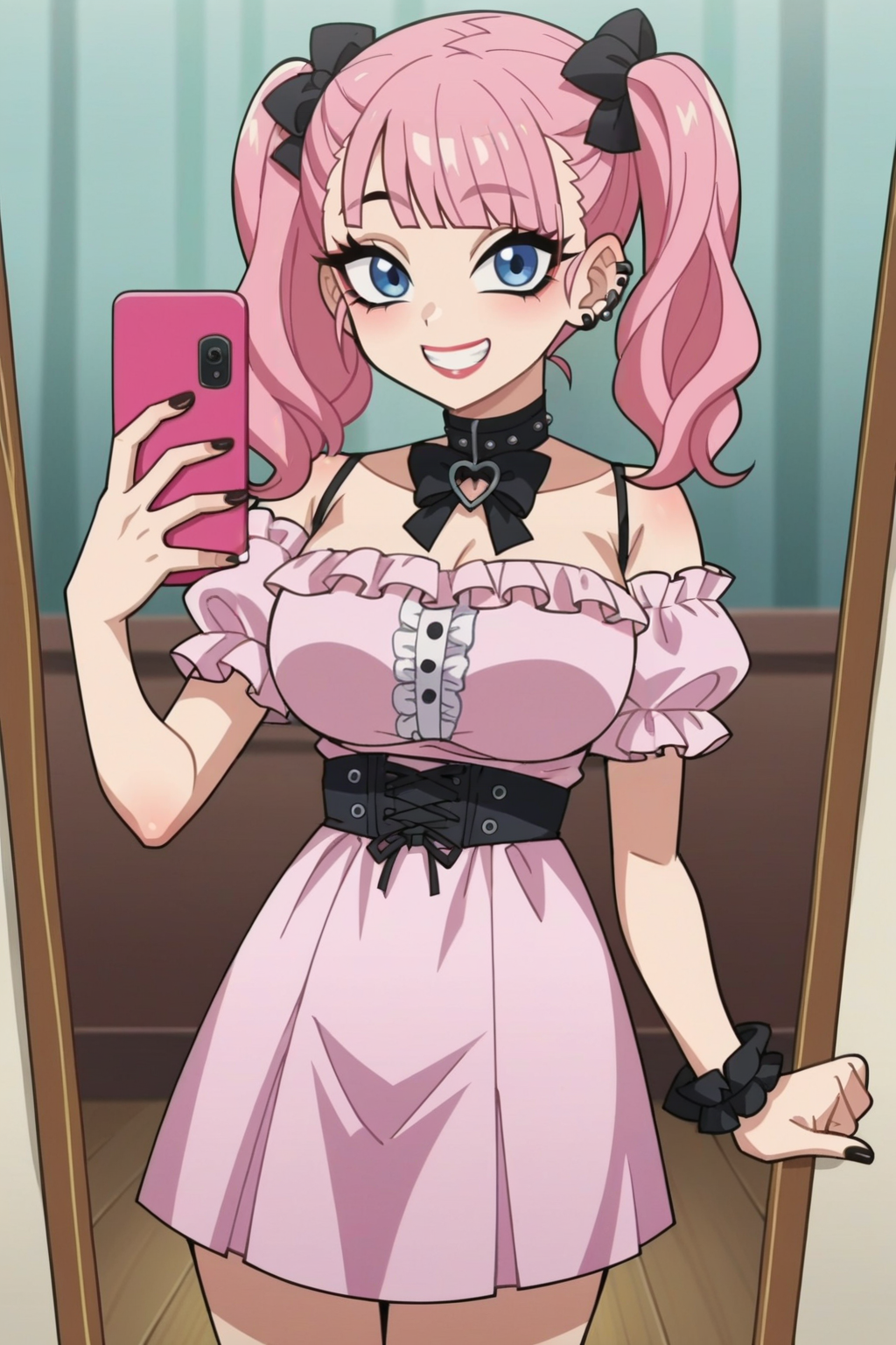 score_9, score_8_up, score_7_up, score_6_up, score_5_up, score_4_up, BREAK source_anime,anime screencap, rating_explicit,cowboy shot,1girl,solo,anime screencap,smile,big eyes,big breasts,
edgPastelGoth, a woman in a pink outfit taking a selfie ,wearing edgPastelGoth
 <lora:edgPastelGothPonyv1:1>