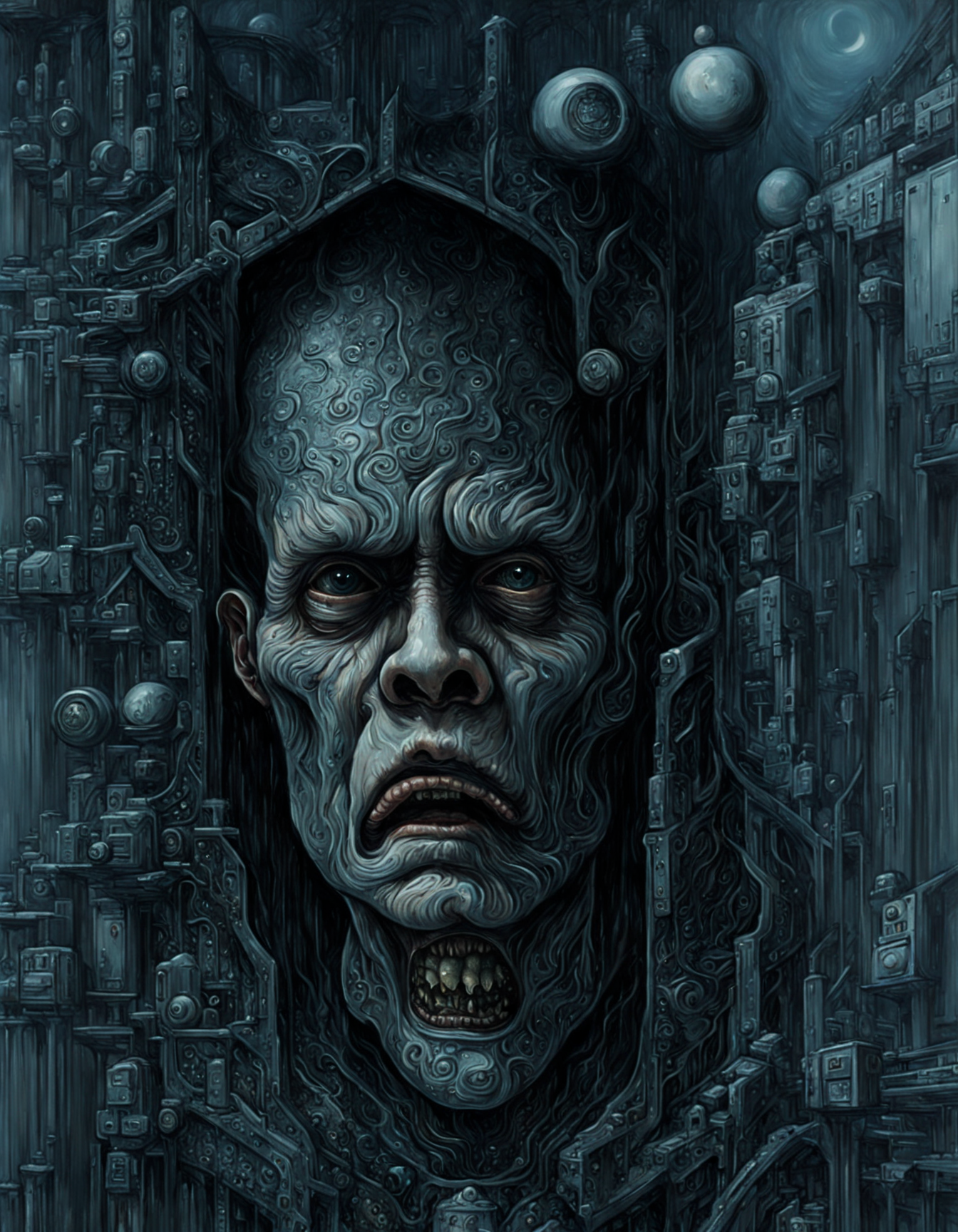 "Close-up, front-facing view of a scavenger, his face reflecting horror, within the chilling confines of a derelict space station. Sharp contrasts, lavishly intricate, drawing from H.R. Giger", surrealism, weird and pissed off, oil on canvas, dry brush, <lora:John Berkey Style:0.9>, John Berkey Style