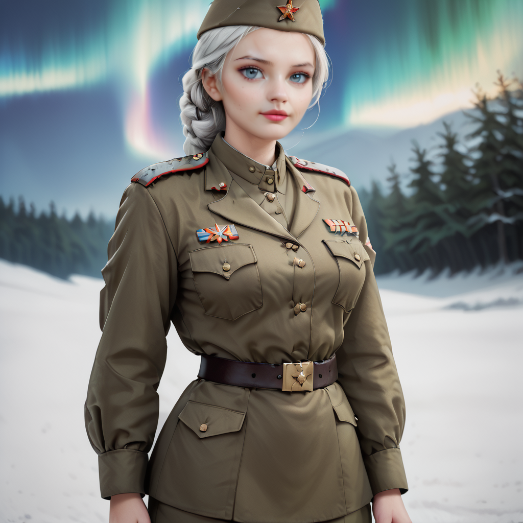 <lora:Pony Soviet Military uniform-000003:0.9>
core_9, score_8_up, score_7_up, score_6_up, score_5_up, score_4_up, BREAK 1girl, solo, best quality, high quality, highres, masterpiece, Soviet Military uniform, outdoors, battleship, aurora, polar bear, æ´