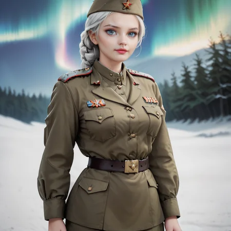 <lora:Pony Soviet Military uniform-000003:0.9>
core_9, score_8_up, score_7_up, score_6_up, score_5_up, score_4_up, BREAK 1girl, solo, best quality, high quality, highres, masterpiece, Soviet Military uniform, outdoors, battleship, aurora, polar bear, æ´