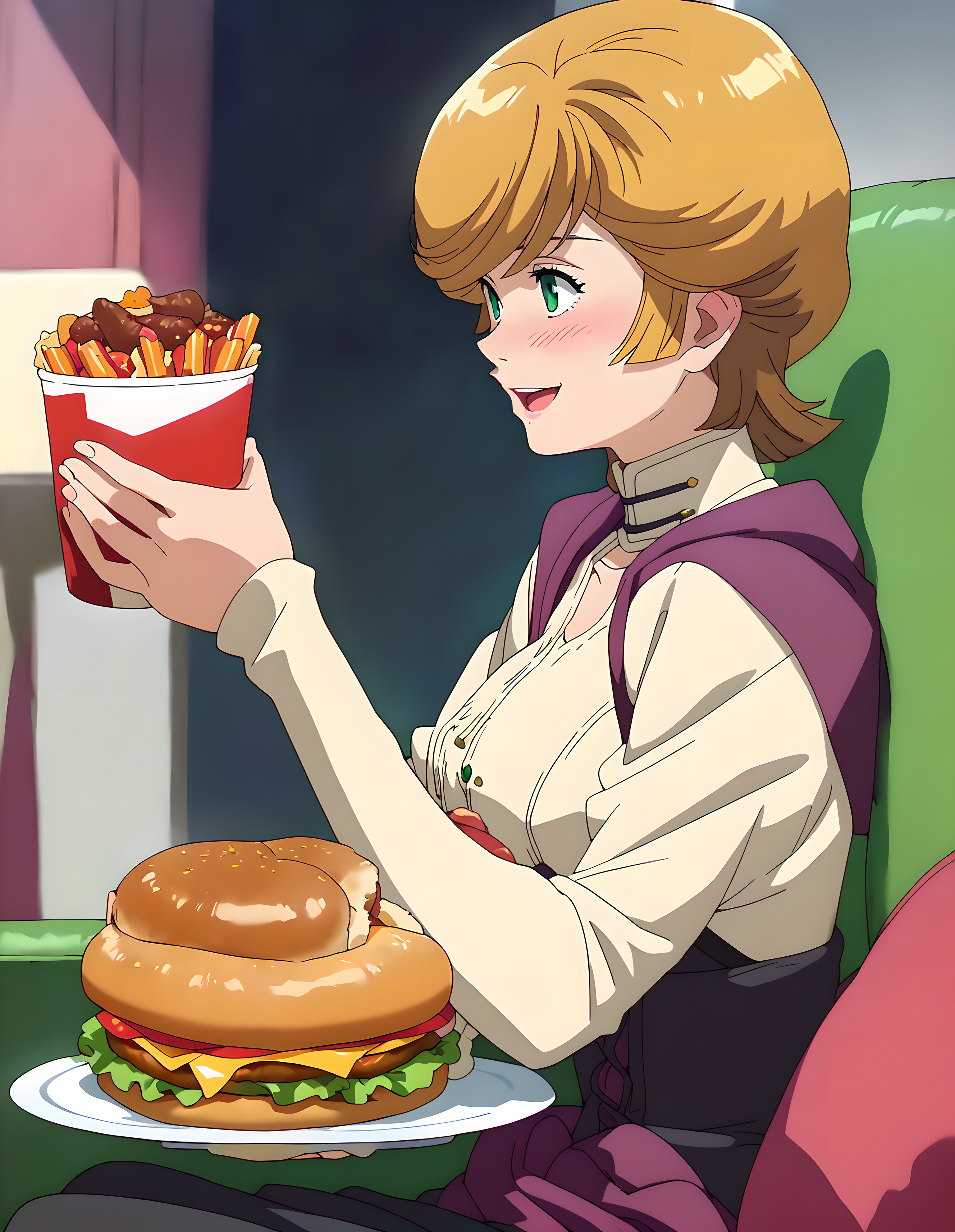 <lora:pony_xl_audrey:0.9>,audrey,score_9,score_8_up,score_7_up,source_anime,best quality,masterpiece,super fine illustration,1girl,solo,long sleeves,black pants,open mouth,food,hot dogs,eating,cowboy_shot,kind_smile,light_blush,