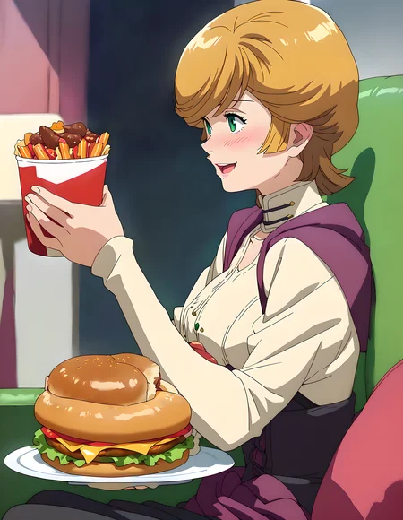 <lora:pony_xl_audrey:0.9>,audrey,score_9,score_8_up,score_7_up,source_anime,best quality,masterpiece,super fine illustration,1girl,solo,long sleeves,black pants,open mouth,food,hot dogs,eating,cowboy_shot,kind_smile,light_blush,