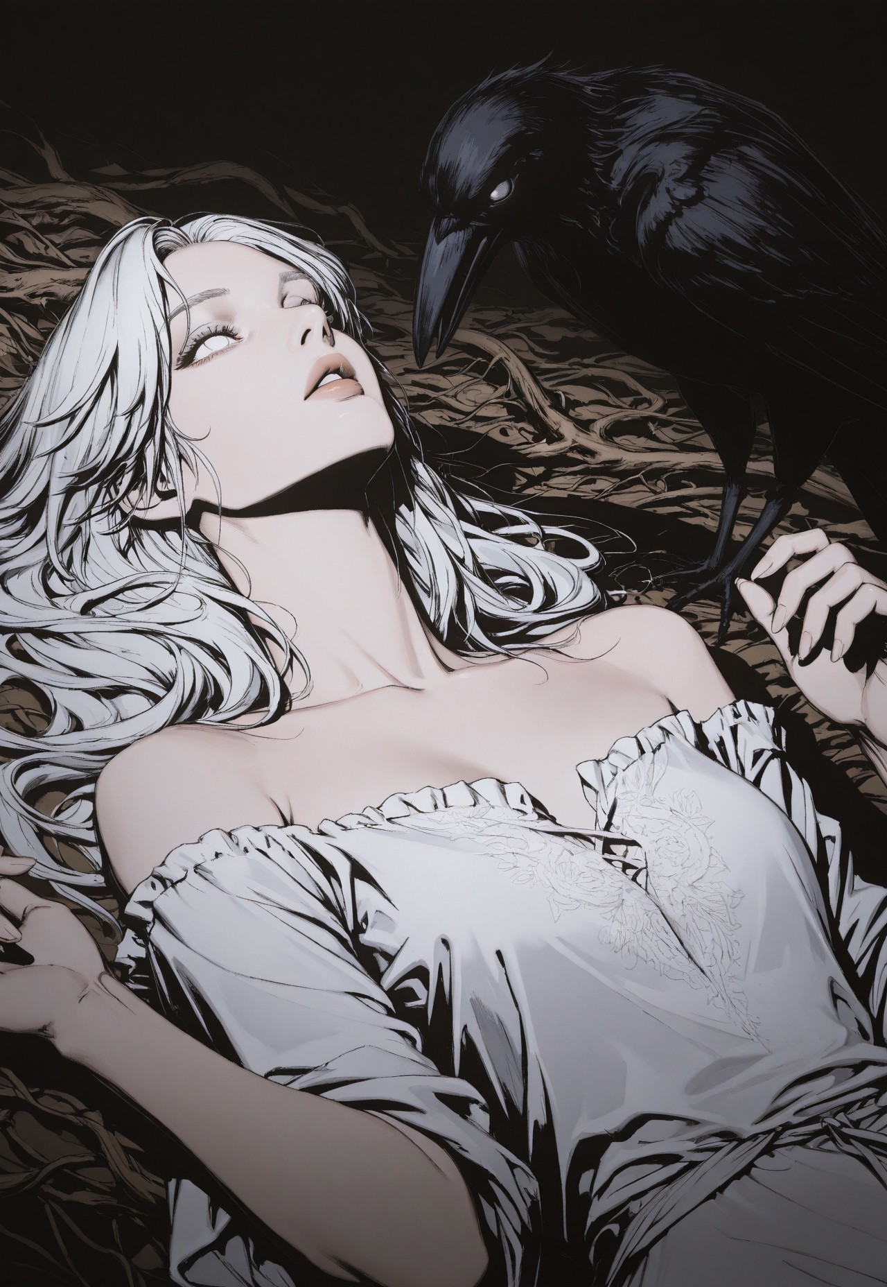 negative space, vignetting,
lying, on back, upper body, looking up,
solo, androgynous, white hair, white eyes, blind, crow, black crow, hands up, bare shoulders, white dress, roots, tunic, gown, parted lips, long hair, off shoulder, monochrome, partially colored, high contrast,
realistic, masterpiece, best quality, (ultra-detailed), high quality, very aesthetic, newest, conti2, aesthetic