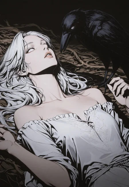 negative space, vignetting,
lying, on back, upper body, looking up,
solo, androgynous, white hair, white eyes, blind, crow, black crow, hands up, bare shoulders, white dress, roots, tunic, gown, parted lips, long hair, off shoulder, monochrome, partially colored, high contrast,
realistic, masterpiece, best quality, (ultra-detailed), high quality, very aesthetic, newest, conti2, aesthetic