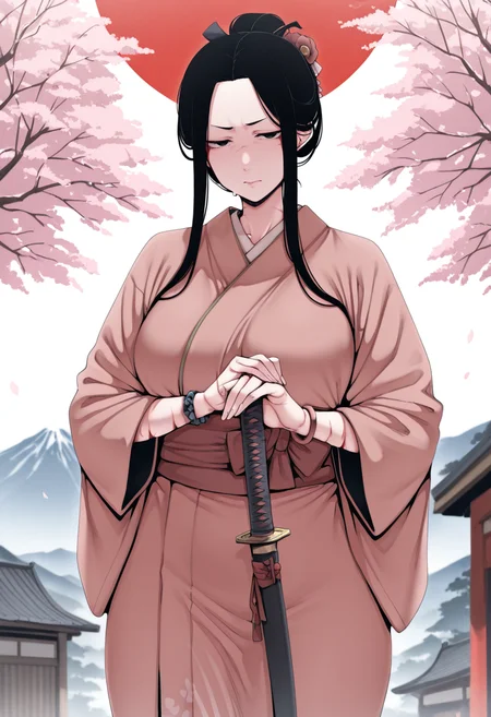 masterpiece, best quality, amazing quality, very aesthetic, absurdres, newest,
tori gate, mountains, kimono, mist, 1girl, mature female, long hair, black hair, black eyes, katana, serious, sakura trees,
rising sun, red, white, scars, two bleeding wounds, two bracelets, looking at viewer, asian, <lora:PulenKompot-Nakamura_Regura_Style-IL:0.8> nakamura-regura
