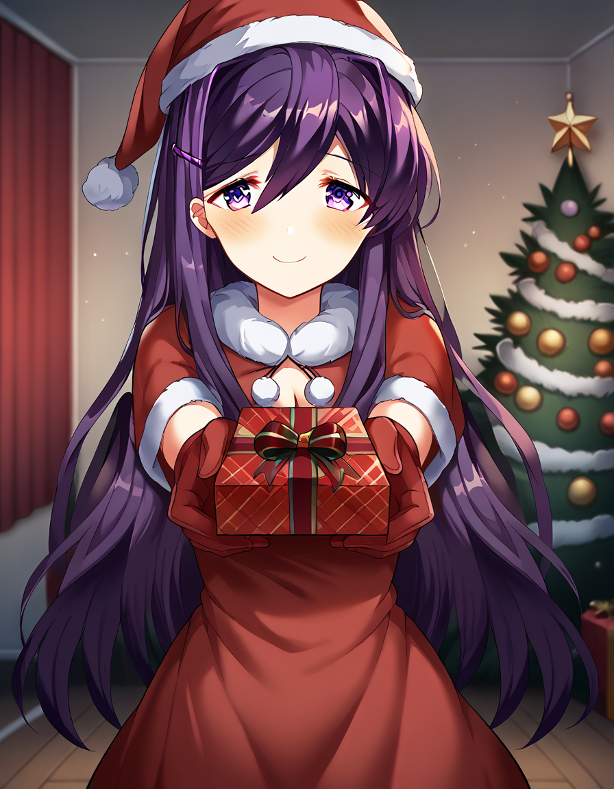 score_9, score_8_up, score_7_up, source_anime, <lora:ddlc-yuri-ingame-ponyxl-lora-nochekaiser:1>, yuri, yuri (doki doki literature club), hair ornament, hairclip, long hair, purple eyes, purple hair, hair intakes, hair between eyes, sidelocks, medium breasts,, <lora:santa-costume-ponyxl-lora-nochekaiser:1>, santa costume, santa hat, christmas, sack, merry christmas, gift, fur-trimmed headwear, holding sack, santa dress, fur-trimmed dress, christmas tree, christmas tree, fur trim, red capelet, gift box, red gloves, fur-trimmed capelet, santa gloves, red hat, hat,, smile, blush, looking at viewer, <lora:incoming-gift-ponyxl-lora-nochekaiser:1>, incoming gift, outstretched arms, holding, holding gift, gift, gift box,, , dutch angle, cowboy shot