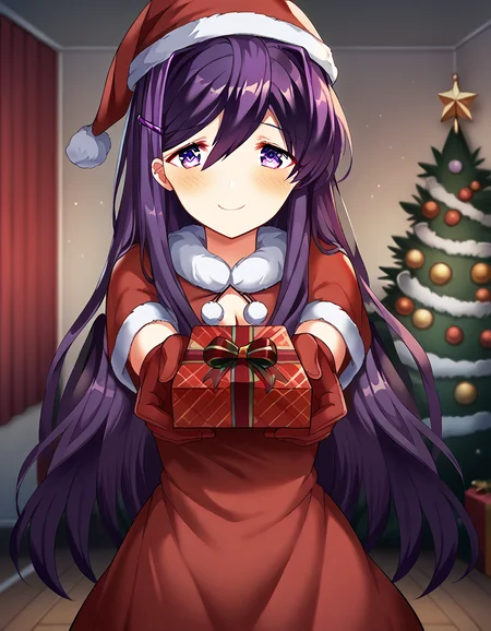 score_9, score_8_up, score_7_up, source_anime, <lora:ddlc-yuri-ingame-ponyxl-lora-nochekaiser:1>, yuri, yuri (doki doki literature club), hair ornament, hairclip, long hair, purple eyes, purple hair, hair intakes, hair between eyes, sidelocks, medium breasts,, <lora:santa-costume-ponyxl-lora-nochekaiser:1>, santa costume, santa hat, christmas, sack, merry christmas, gift, fur-trimmed headwear, holding sack, santa dress, fur-trimmed dress, christmas tree, christmas tree, fur trim, red capelet, gift box, red gloves, fur-trimmed capelet, santa gloves, red hat, hat,, smile, blush, looking at viewer, <lora:incoming-gift-ponyxl-lora-nochekaiser:1>, incoming gift, outstretched arms, holding, holding gift, gift, gift box,, , dutch angle, cowboy shot