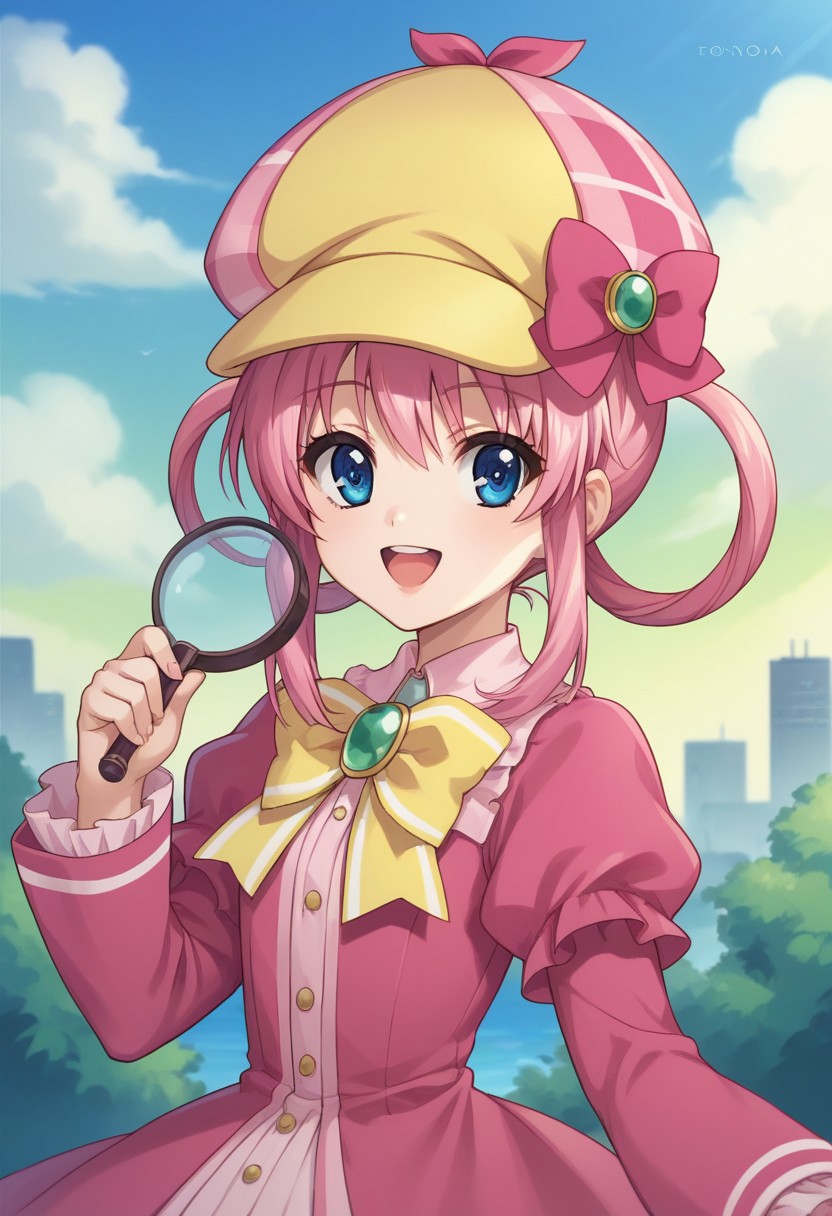score_9, score_8_up, score_7_up, source_anime, highly detailed, 
sherlockshellinford, 1girl, hair rings, pink hair, solo, blue eyes, hat, deerstalker, dress,
smile, open mouth, pink dress, holding, upper body, bow, looking at viewer,
magnifying glass, :d, sidelocks, detective, standing,
outdoor, sky