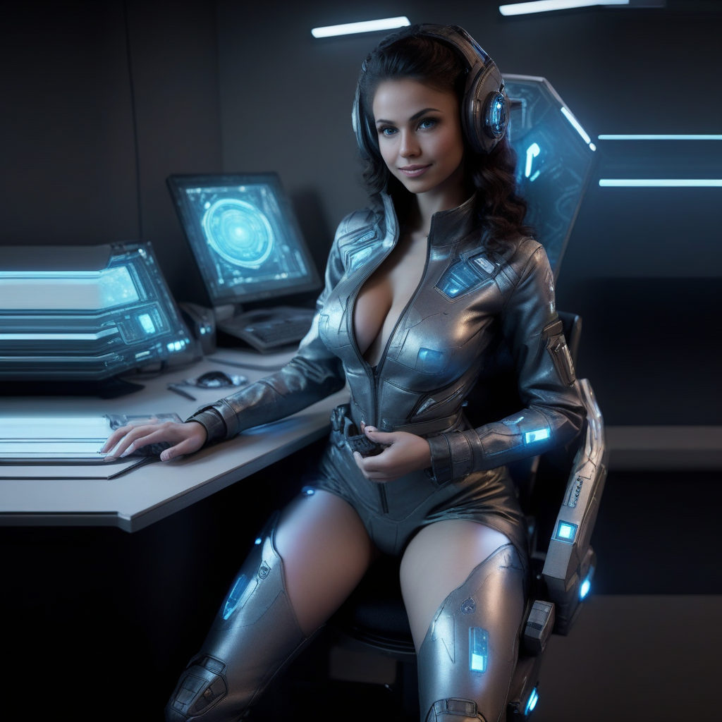 Natali_V3 a woman in a futuristic suit sitting at a desk