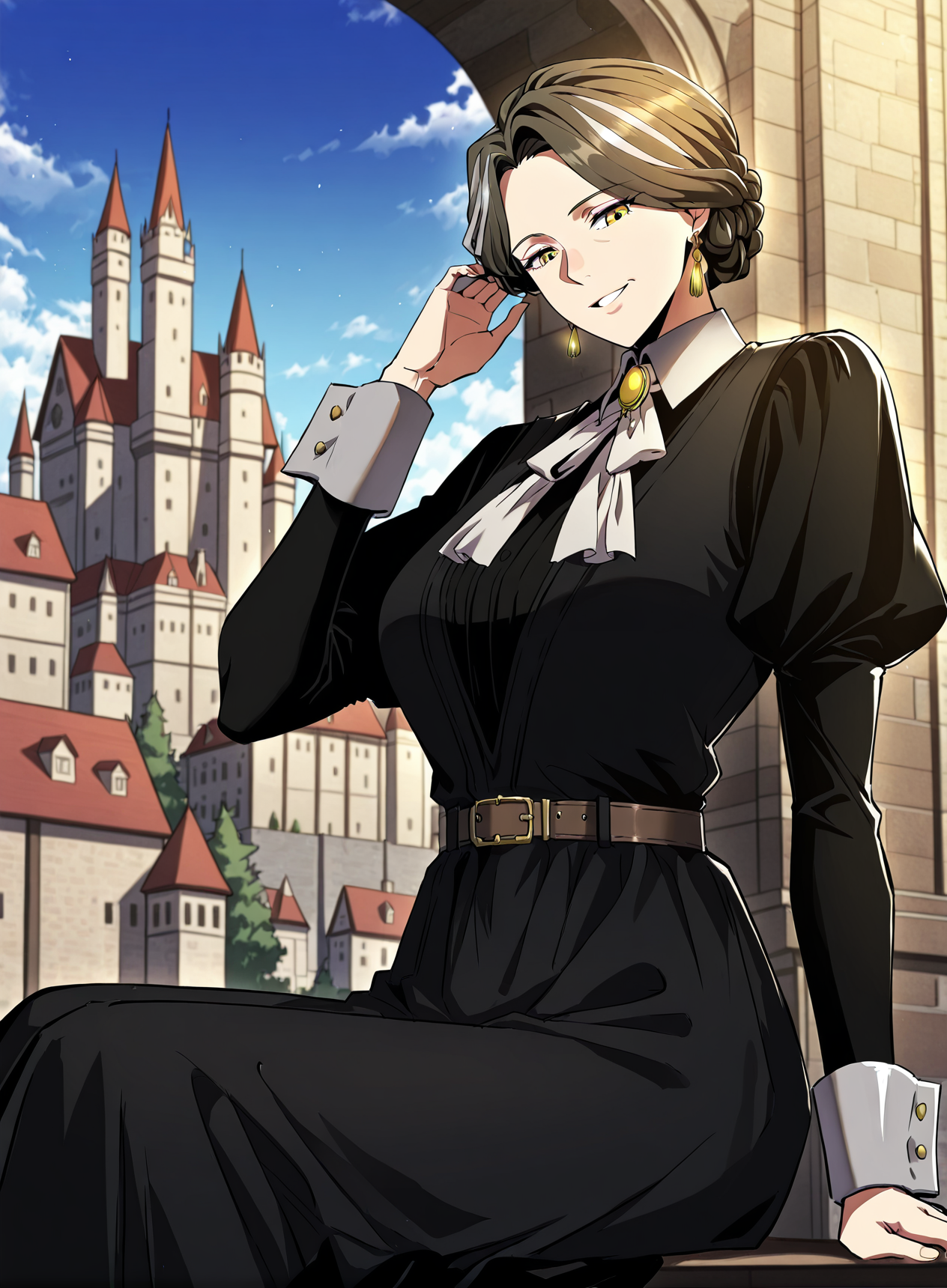 <lora:Wilbeck__The_Beginning_After_the_End__Illustrious:1>
Wilbeck, 1 girl, solo, mature woman, yellow eyes, brown medium hair, silver streaks, side-parted, braided updo,
black victorian dress, white cravat, wide cuffs, waist belt, gold earrings, formal outfit
score_9, score_8_up, score_7_up, very aesthetic, source_anime, detailed, high quality, beautiful, masterpiece, detailed eyes, castle, village, blurry background, cityscape, pose dynamic angle, light smile, open mouth, hand on hair, sitting