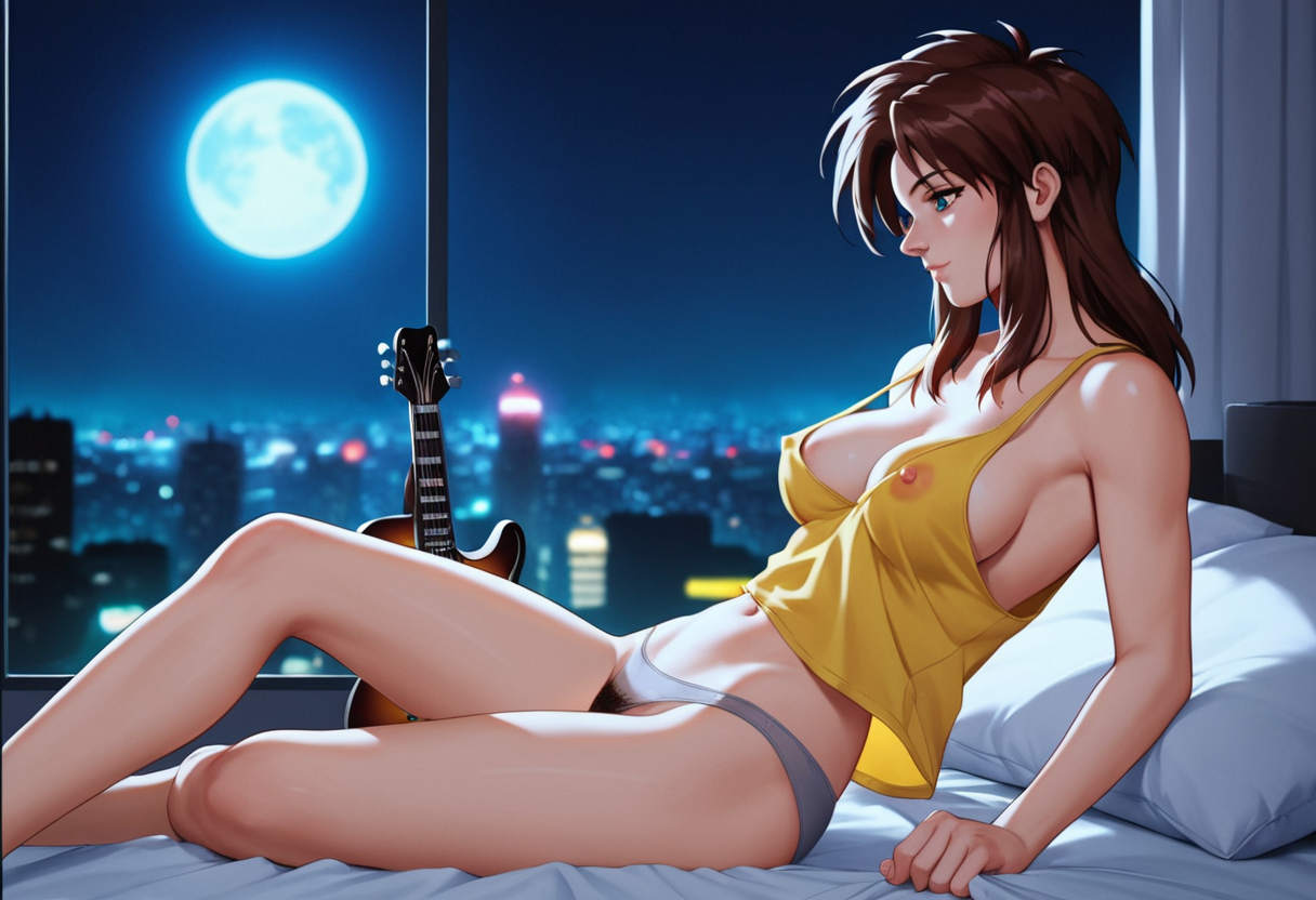 score_9, score_8_up, score_7_up, score_6_up, rating_explicit, contrast of cool dark background with warm bright foreground, full color, night, city light, volumetric moonlight, depth of field
neo-tokyo Aesthetic, modern bedroom Aesthetic, Blurry Background, cyber city view, stary night, full moon, light rays, beautiful natural lighting, glow, light,
<lora:Priss Asagiri _ Bubblegum Crisis Tokyo 2040_epoch_10:1>, Priss, sidelocks, retro artstyle, oversize yellow tank top, open shirt, grey underwear,
{petite body, athletic body, medium breasts, perfect round firm tits, medium round perfect tits, (medium Breasts:0.8), long legs, perfect anatomy, perfect face, perfect nose, detailed eyes, beautiful eyes, perfect eyes, perfect breasts, anatomically correct hands:1.3},
cute, side view, from side,
sitting in bed, posing, nipple slip, exposed breast, 1breast out of shirt, see through panties, (pubic hair:1.3), white pillows, white sheets, Tokyo cityscape, city lights, nsfw, (playing guitar:1.3), holding a guitar