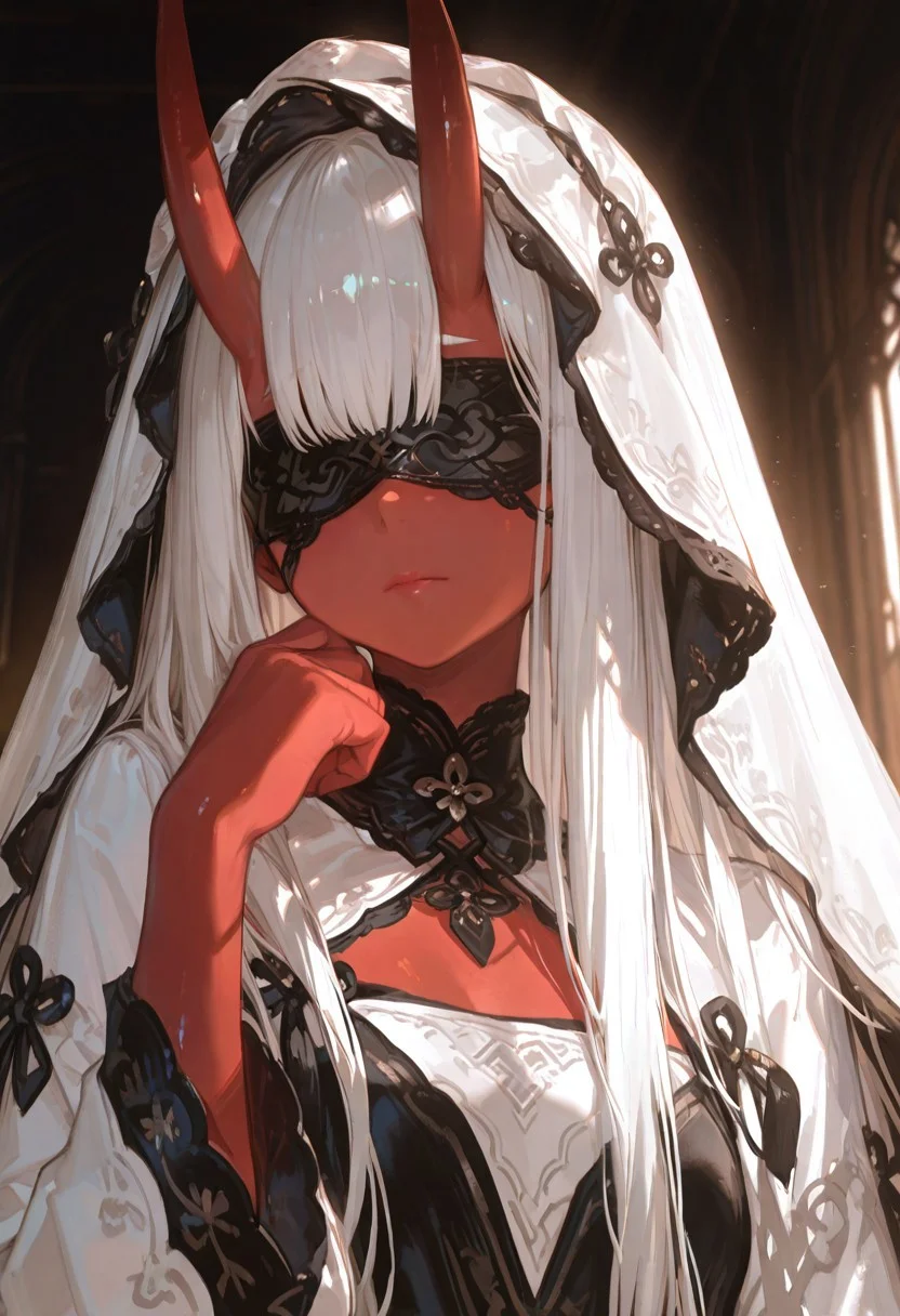 masterpiece, best quality, good quality, newest, highres, absurdres, volumetric lighting,gradient color,
BREAK
raytracing, volumetric lighting, ambient occlusion, girl, background, masterpiece, best quality, very awa, absurdres,
BREAK
Aka-Oni, oni, colored skin, (red skin:1.3), straight horns, solo, long hair, model style,
BREAK
masterpiece,amazing quality,best quality,ultra-detailed,8K,illustration,CG,shiny hair,clear skin,ultra-detailed-eyes, background,cute girl, eyelashes
BREAK,
veil, long hair, upper body, blindfold, covered eyes, lipstick, white hair, hand up, dress, closed mouth, makeup
