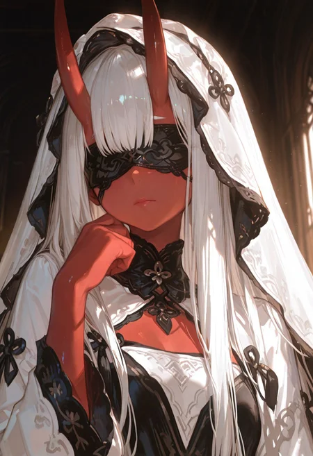 masterpiece, best quality, good quality, newest, highres, absurdres, volumetric lighting,gradient color,
BREAK
raytracing, volumetric lighting, ambient occlusion, girl, background, masterpiece, best quality, very awa, absurdres,
BREAK
Aka-Oni, oni, colored skin, (red skin:1.3), straight horns, solo, long hair, model style,
BREAK
masterpiece,amazing quality,best quality,ultra-detailed,8K,illustration,CG,shiny hair,clear skin,ultra-detailed-eyes, background,cute girl, eyelashes
BREAK,
veil, long hair, upper body, blindfold, covered eyes, lipstick, white hair, hand up, dress, closed mouth, makeup