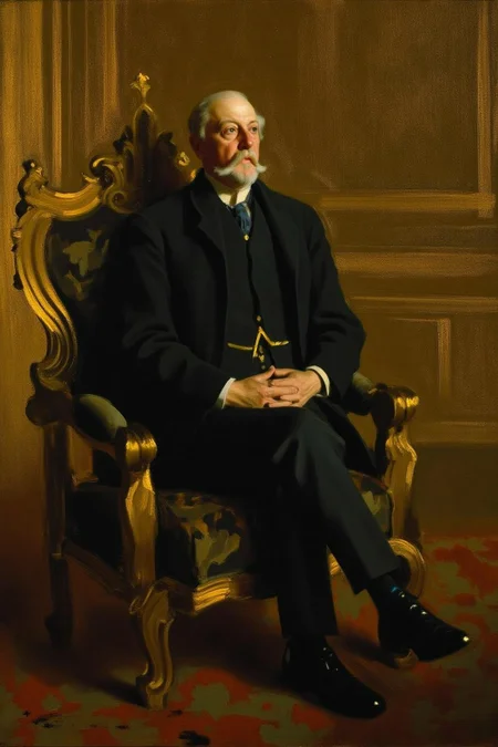 anderszorn1 painting.
An elderly man is seated, looking towards the right, in an elaborate golden armchair with intricate carvings and plush upholstery in gold and dark colors. He has a white beard, mustache, and neatly styled, slightly wavy hair. He sits with his legs crossed and arms folded over his lap. <lora:anderszorn2_cap_d6a3:1.0><lora:836654067561293638:0>