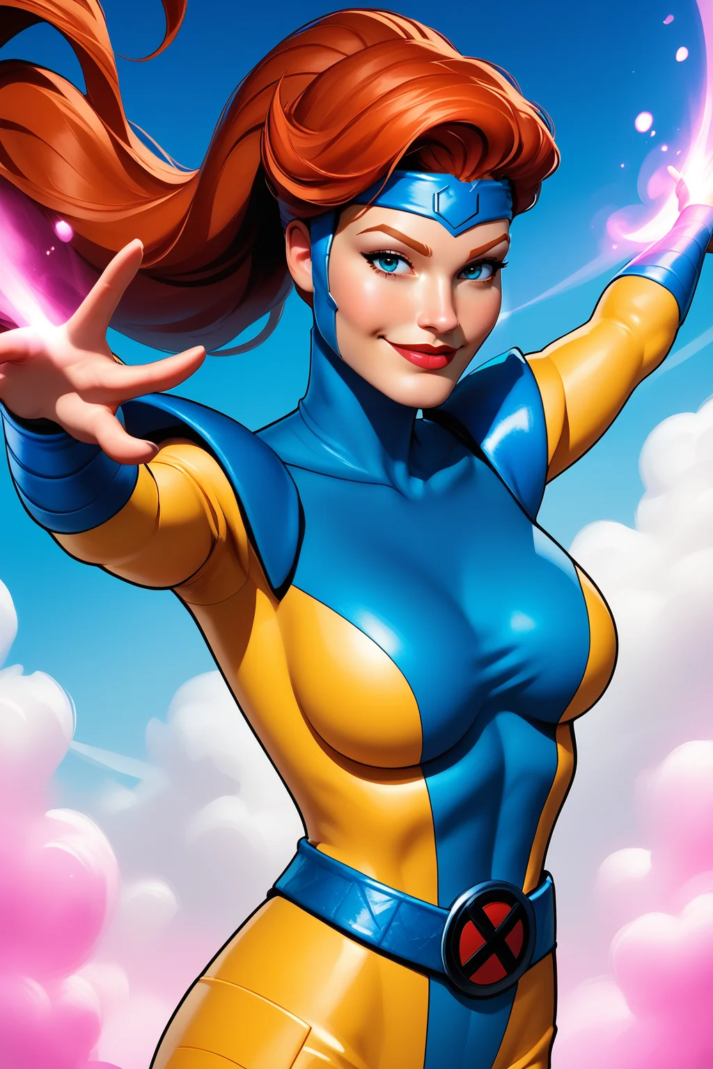 score_9, score_8_up, score_7_up, masterpiece, high quality, BREAK
<lora:Jean Grey Classic X-MenPonyLoRA:1>jngryclsic, long hair, headband, turtleneck, bodysuit, pauldrons, vambraces, belt, flying, smile, clouds,magic, outstretched arm, aura, ponytail, hand to head