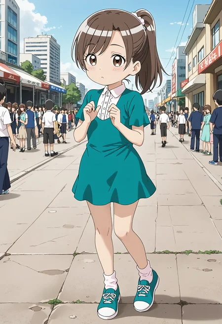 <lora:Hyper-SDXL-8steps-lora:1> <lora:Fixhands_anime_bdsqlsz_V1:1> zPDXL2, score_9, score_8_up, score_7_up, source_anime, intricate details, perfect anatomy BREAK
outdoors, city, tokyo, japan, audience, crowd, standing , heart hand duo, cowboy shot, looking at viewer, dutch angle, Passionate, A heated look, a flushed face, and a quickened breath., 1girl, solo, solo focus, 
<lora:MAR-minatomo_madoka_XL(pony)v10:1> MAR-madoka, brown hair, ponytail, brown eyes, MAR-madoka outfit, green dress, white socks, green shoes,