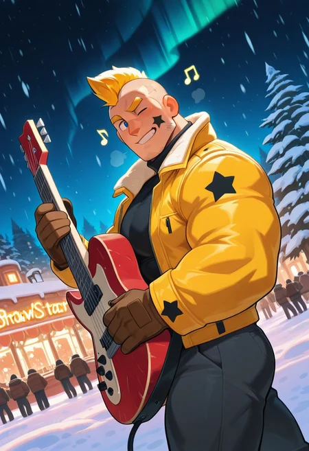 mbtiesfp, 1boy, blonde, short hair, black star on face,, yellow jacket, (white winter coat), brown gloves, black turtleneck shirt, looking at viewer, smirk, grin, happy, brawlStars, in the amusement park, pants, portrait, half body, upper body, blue eyes, shaved mohawk, source_cartoon, 2d, bara, manly, muscular, 3/4 view, night sky, aurora in the sky, snow, playing guitar, {{holding red electric guitar}}, in the concert, ((floating colorful muscial notes)), snowstorm, Side View, Pec focus, left view, warm lighting, with people walking background, {{colorful glowing musical notes}}, yellow eyebrows, yellow chin hair, facial hair, dutch angle, winter forest trees, city nightscape, colorful neon lights, wink with with left eye closed,
