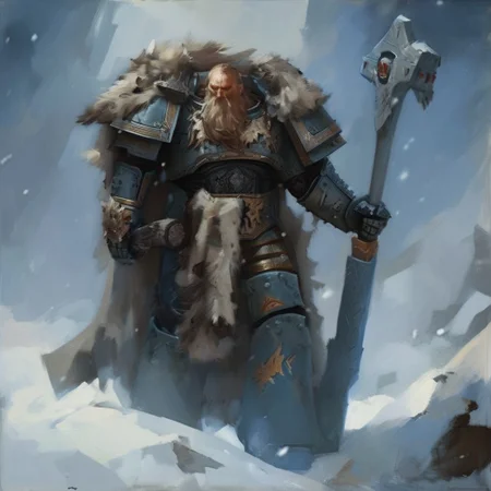 Space wolf warrior with beard is in winter landscape, he is a werewolf space marine,  he as heavy scars, he has his huge runic hammer in his hands, portrait style, viking, norse, beard, clad in ripped furs and pieces of old worn space wolf armor, Black over black, top light, masterful painting in the style of Anders Zorn | Marco Mazzoni | Yuri Ivanovich, Todd McFarlane, oil on canvas
<lora:add-detail-xl:1> <lora:MJ52:0.5>