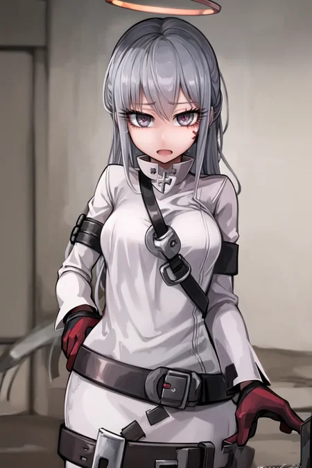 ((masterpiece)), (best quality), (detailed), (1 girl), <lora:jack:0.5>,jack-o' valentine,red hair,white bodysuit,gloves,halo,cross,belt,chain,<lora:lifeWithSylvieTeachingFeeling_v1:1>,tf_silver_,pet