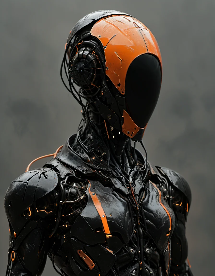 (designed by Rembrandt van Rijn:1.2) , noface of a majestic, cyborg, wearing Titanium and Reflective Glass black and orange armor, Foggy, Sharp and in focus, Lonely, Decopunk, side lit