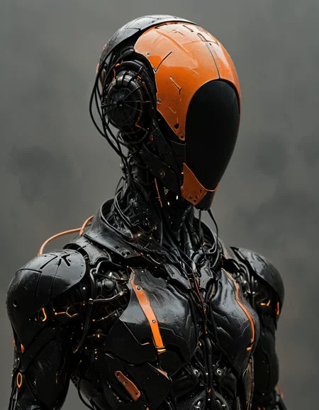 (designed by Rembrandt van Rijn:1.2) , noface of a majestic, cyborg, wearing Titanium and Reflective Glass black and orange armor, Foggy, Sharp and in focus, Lonely, Decopunk, side lit