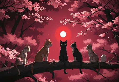 A monochromatic, black-and-white photograph of two cats sitting on a tree branch, facing each other in an intimate and harmonious pose. The left cat is black, while the right cat is white, creating a striking contrast. They are surrounded by delicate, blooming branches with small flowers, adding a serene and romantic atmosphere. The background is softly blurred, focusing the viewer's attention on the cats and their interaction. The lighting is soft, emphasizing the texture of their fur and the gentle ambiance of the scene.
,red sphere on background