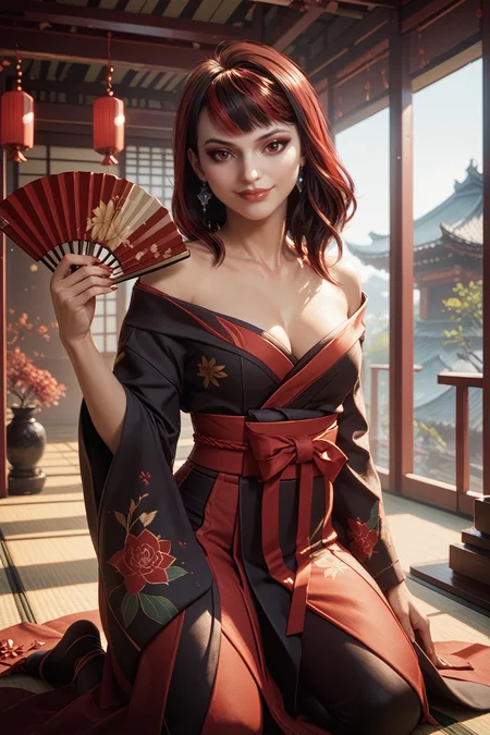 score_9, score_8_up, score_7_up, score_6_up
<lora:MKScarlet:0.8>
MKScarlet, 1girl, black hair, red hair, ombre hair, red eyes, looking at viewer, holding hand fan, indoors, kneeling, Japanese architecture, smile, off-shoulder kimono