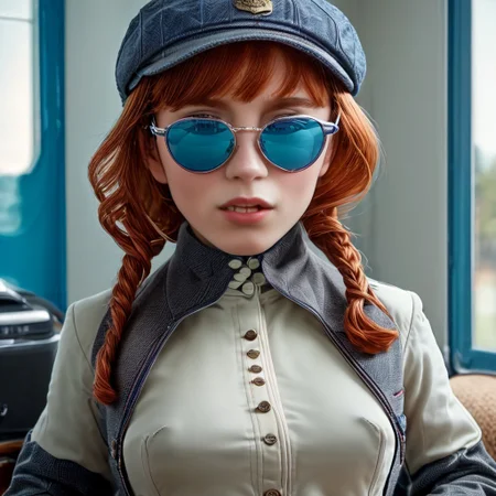1girl, a small vampire, dressed in jodhpurs and a Norfolk jacket, reddish hair done up under an oversized tweed cap, eyes shielded by thick blue-tinted glasses, Fang